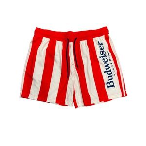 Budweiser Mens XL 40/42 Red White Striped Swim Trunks King of Beers Board Shorts